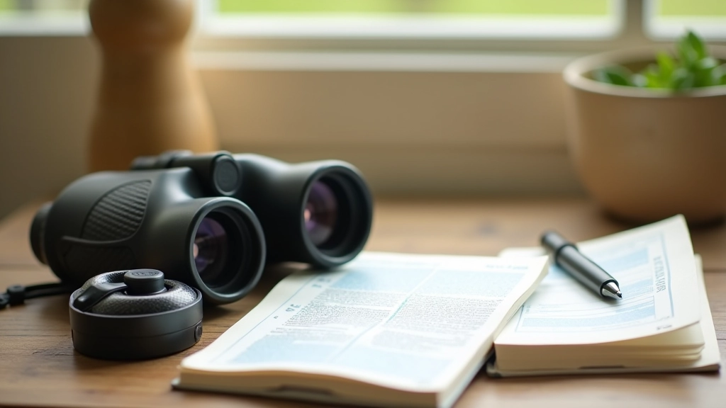 Bird identification guides and binoculars laid out on a wooden table with field notes and sketches of various species
