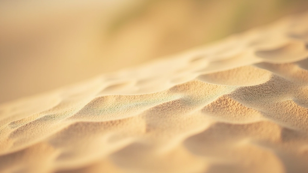Close-up detail of sand texture with coastal grasses and dune patterns