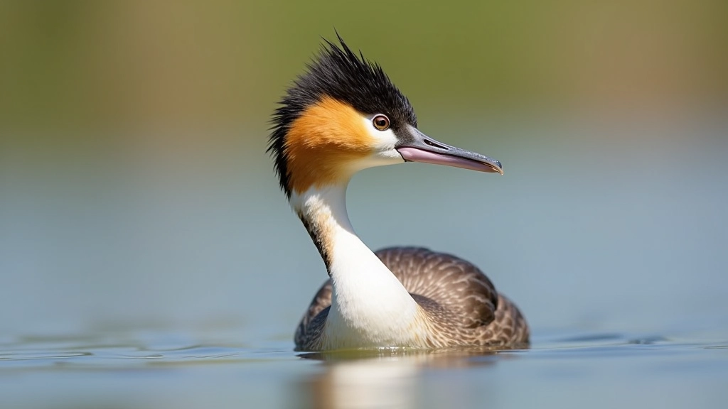 A great crested grebe displaying its distinctive black crown and ear tufts during breeding season, water birds visible in background