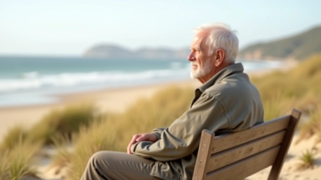 Older adult sitting on wooden bench overlooking sand dunes, taking rest break during walk