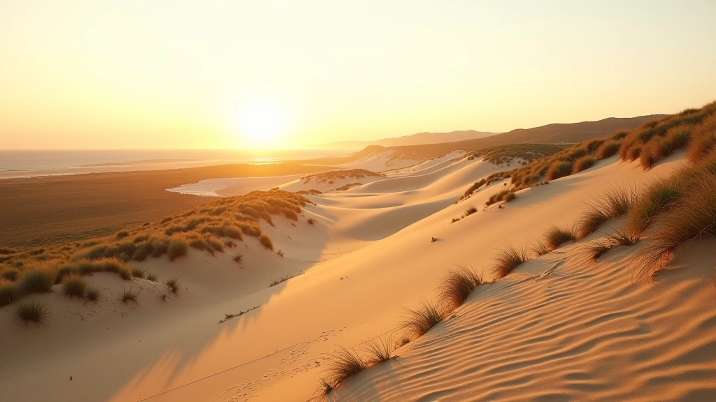 Panoramic view of Pape dune landscape with coastal vegetation and horizon line