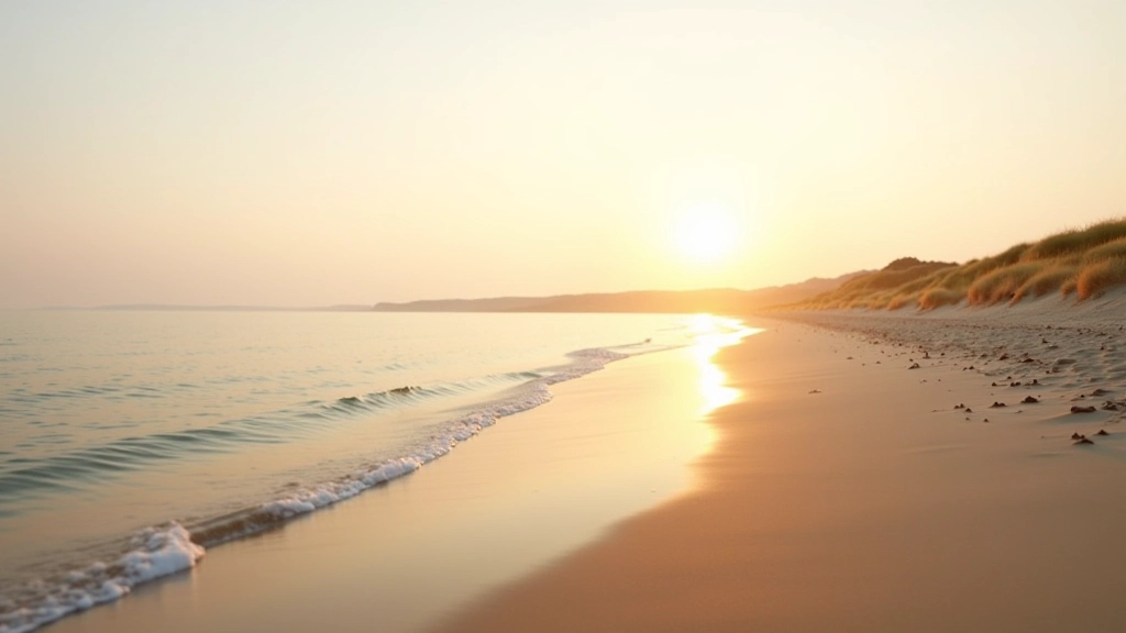 Serene beach with calm waters and distant horizon