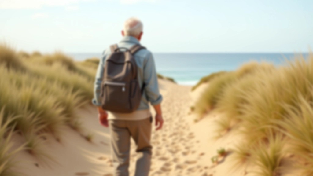 Hiker with backpack walking along sandy coastal dune trail with sea view in distance