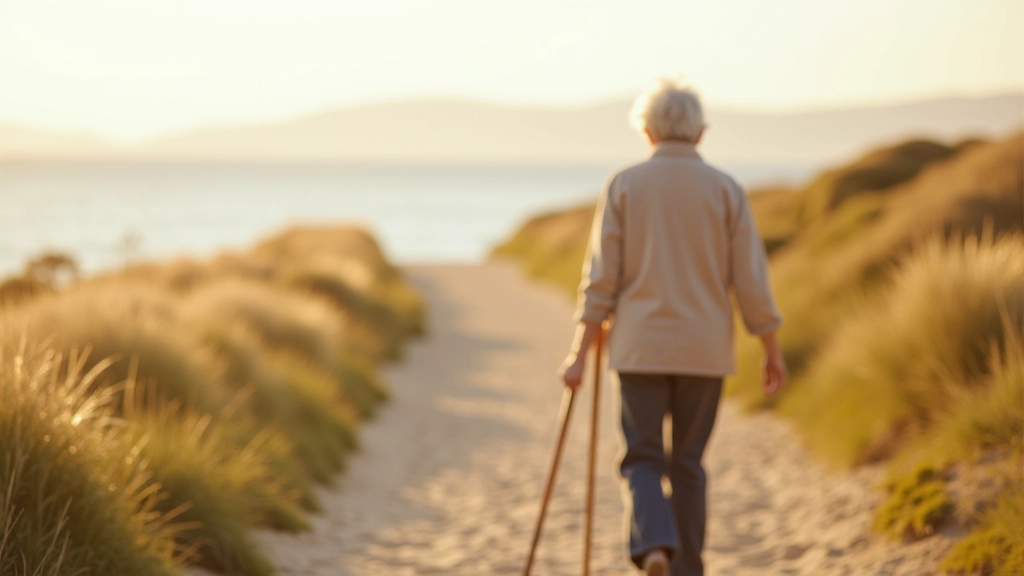 Senior woman walking peacefully on beach path enjoying coastal scenery