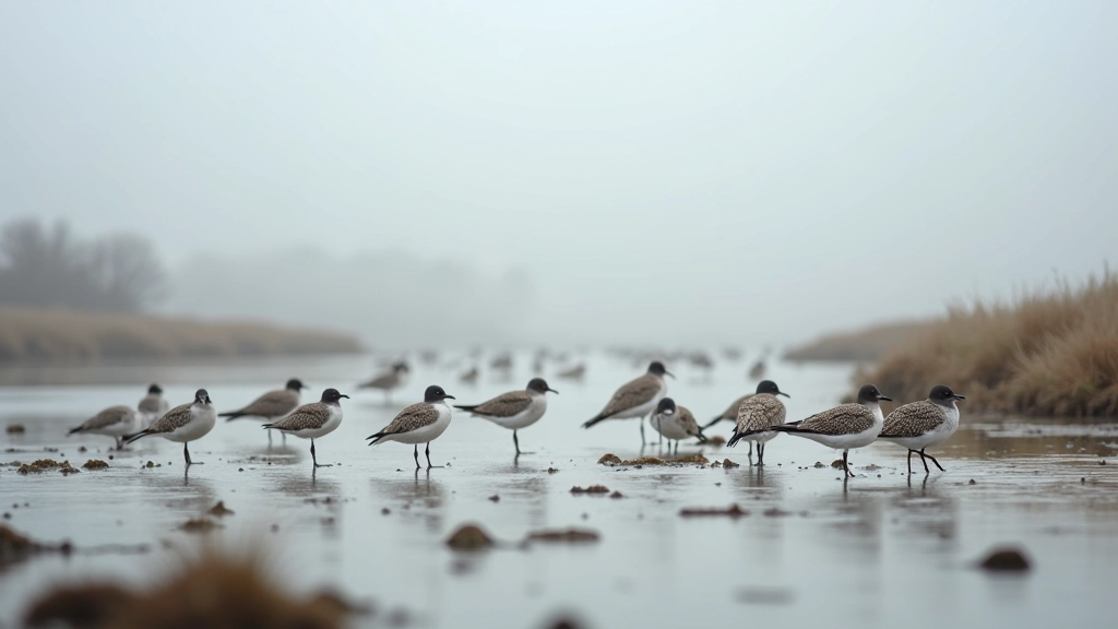 Variety of birds including waders and gulls on coastal marshland during spring migration