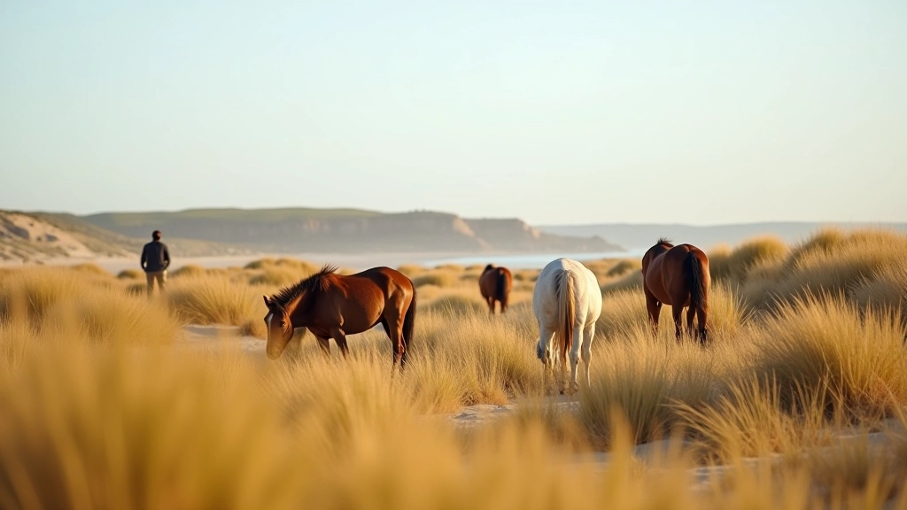 Wide landscape view of wild horses in their natural habitat with observer at safe distance