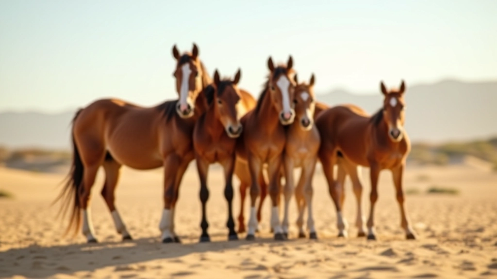 Family group of wild horses with mares and younger horses standing close together