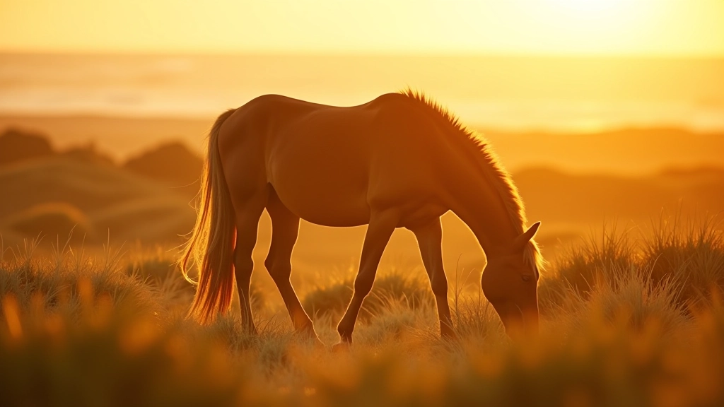 Wild horse grazing in early morning light on dune grassland with long shadows