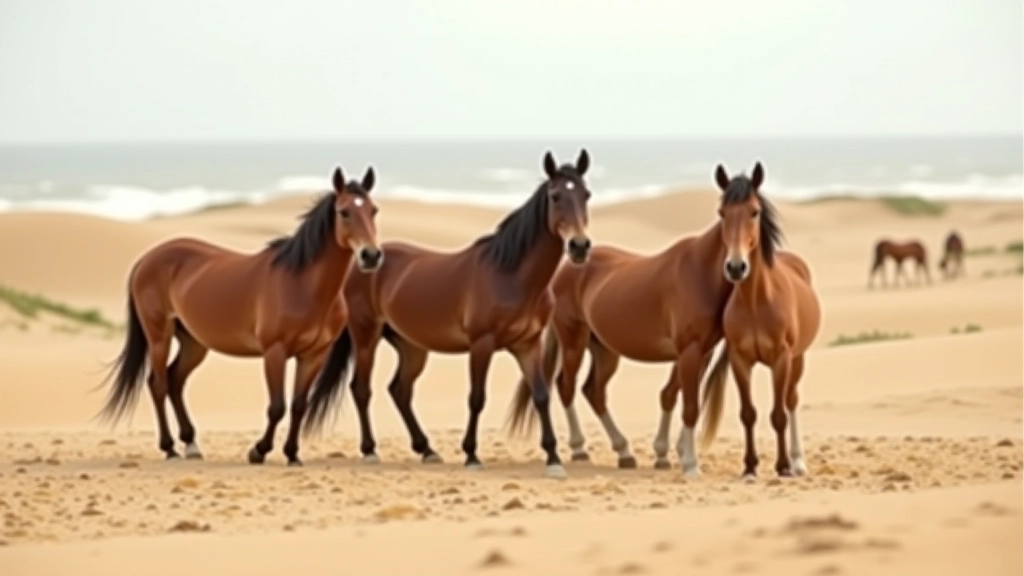 Group of wild horses standing together on coastal dunes, showing natural herd grouping