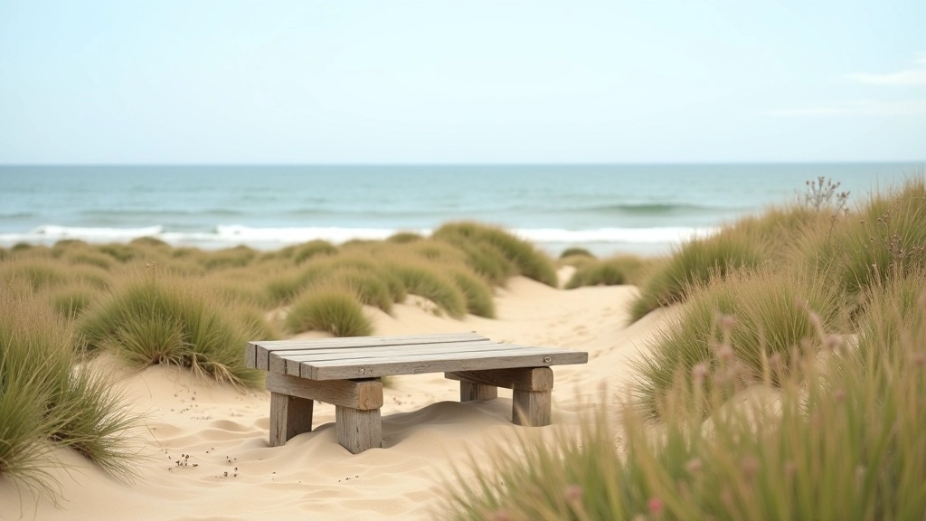 Scenic wooden bench on coastal dunes with sea view in background