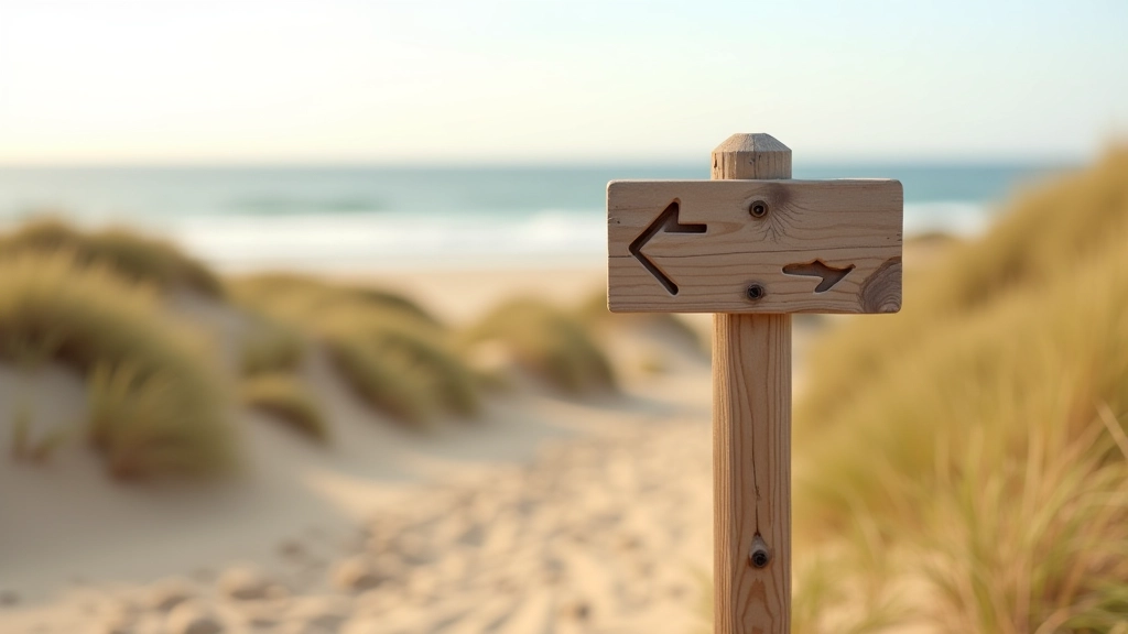 Trail marker sign on wooden post at dune trail intersection with coastal landscape background